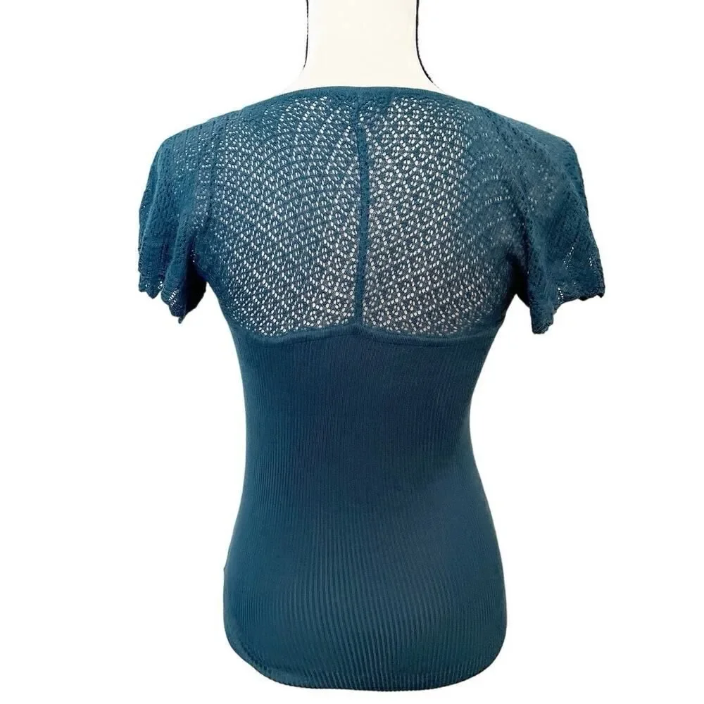 Venus Dark Teal Short Sleeve V-Neck Pullover Knit Sweater Size XS - Picture 2 of 5